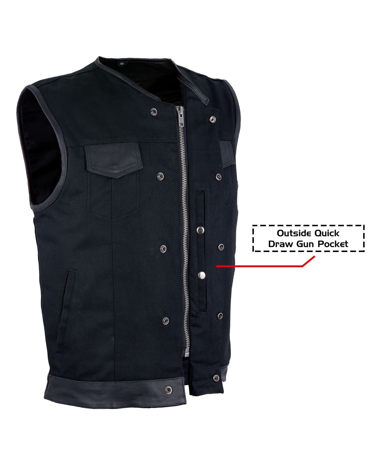 Men's Black Denim Biker Vest With Leather Trims & Front Zipper