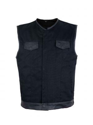 Men's Black Denim Biker Vest With Leather Trims & Front Zipper