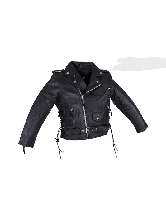 Teens Leather Motorcycle Jacket With Snap Down Collar
